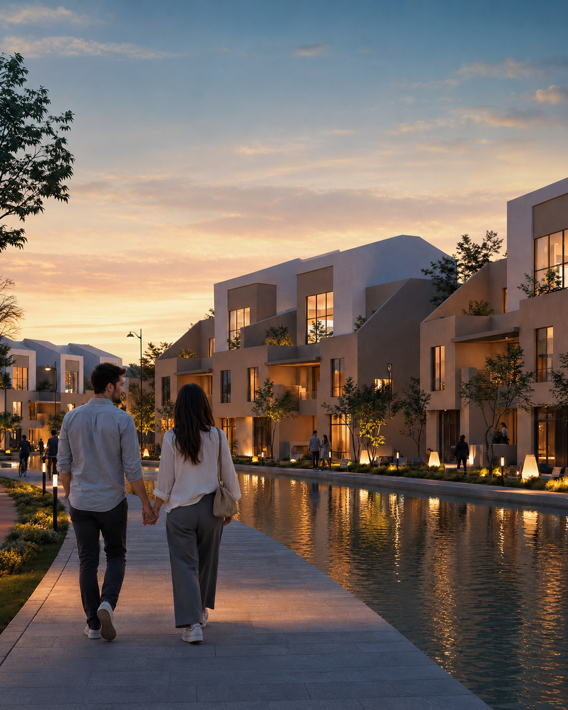 Couple walking along the illuminated waterfront promenade at Rosail City, New Cairo, at dusk