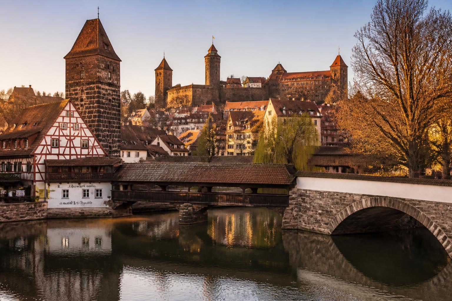 Nürnberg old town at golden hour with the Pegnitz river, half-timbered Weinstadel and the Kaiserburg castle