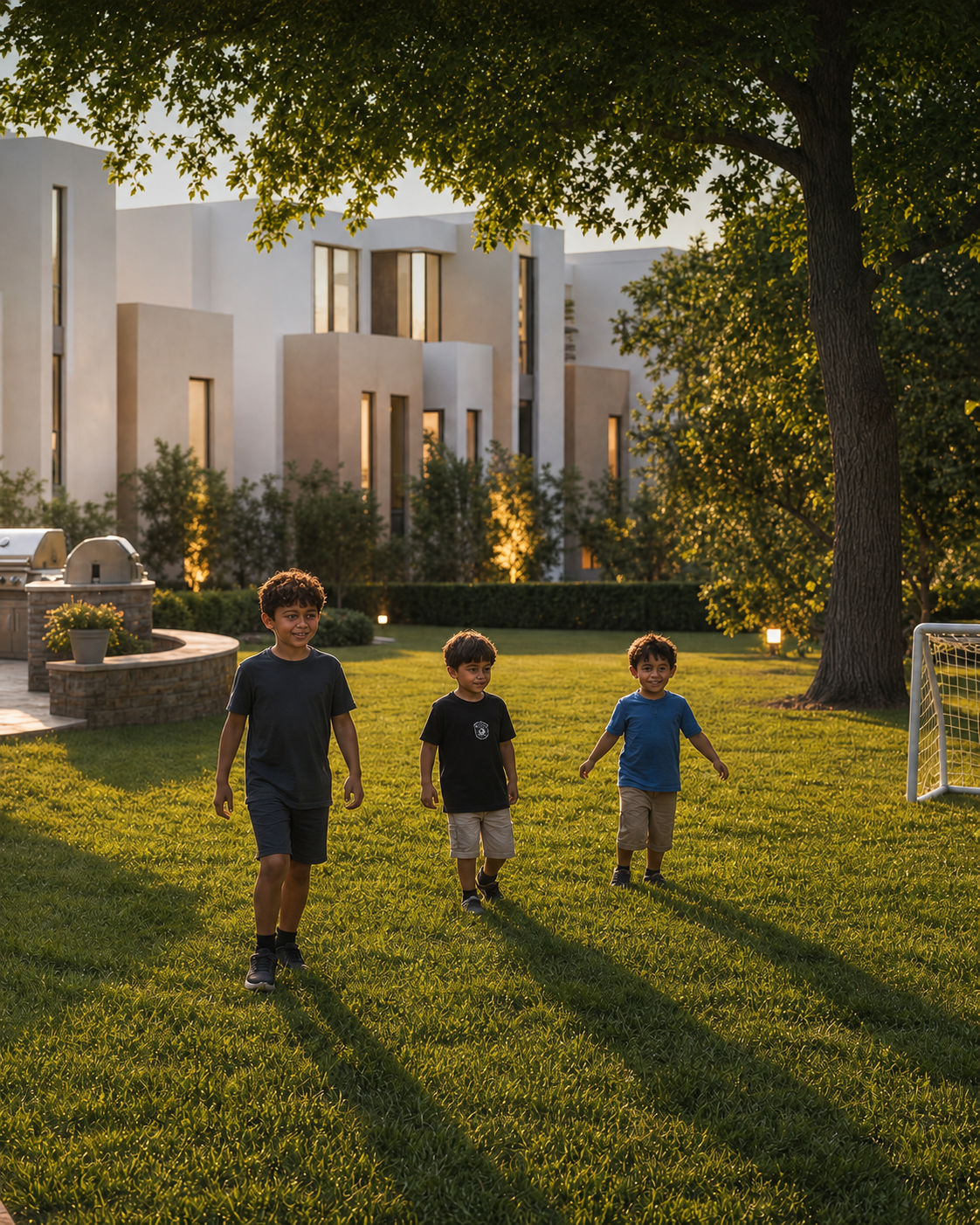 Children playing on a lawn in front of modern villas at Rosail City, New Cairo