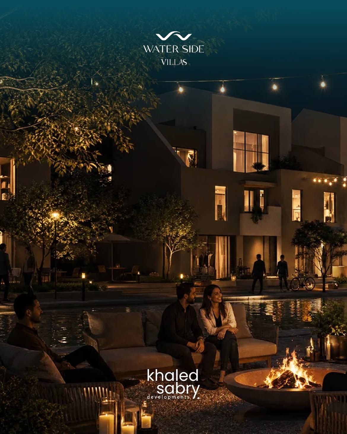Residents gathered around a fire pit at a waterside villa community in the evening